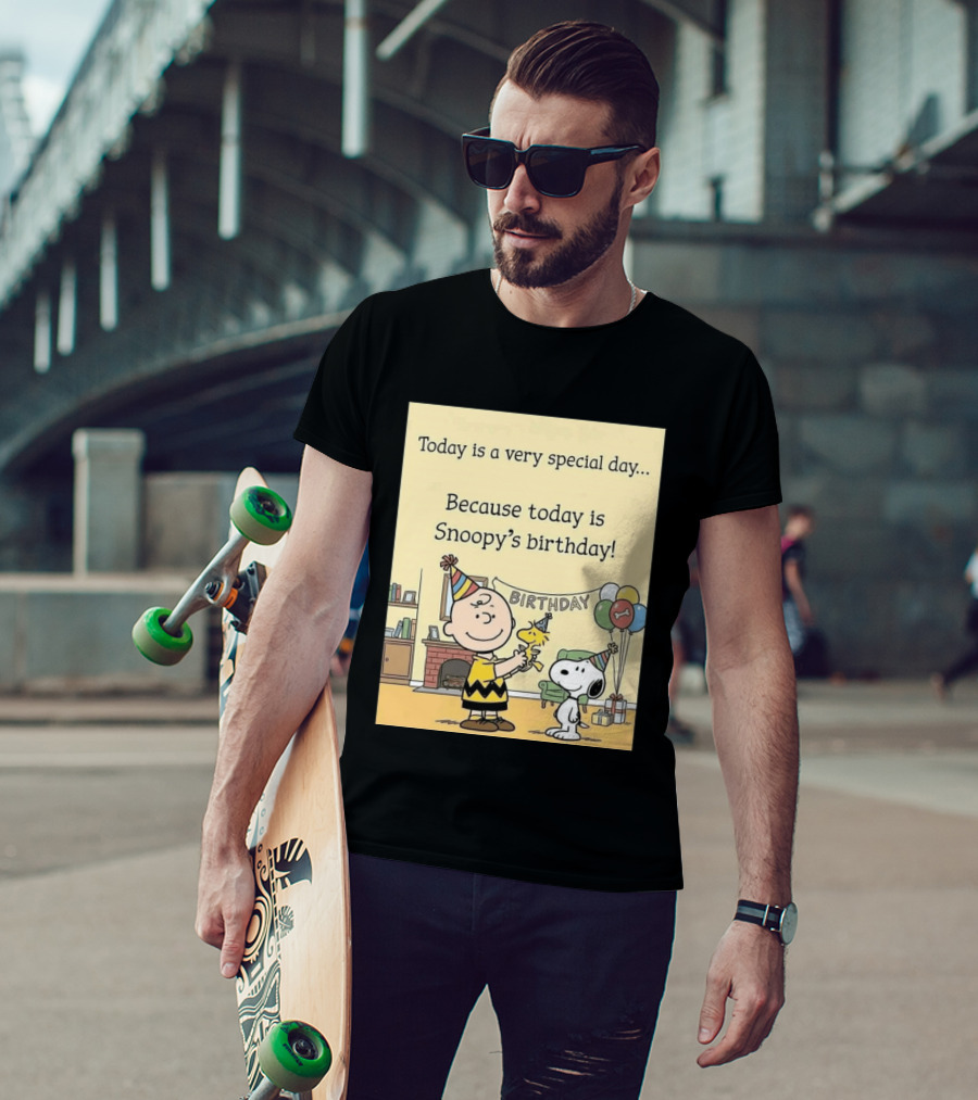 Celebrate Snoopy's Birthday With Charlie Brown And Woodstock In Party Hats And Balloons T-Shirt