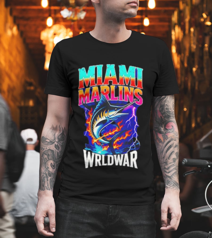 Miami Marlins Wrldwar Lightning Flame Marlin T-Shirt
