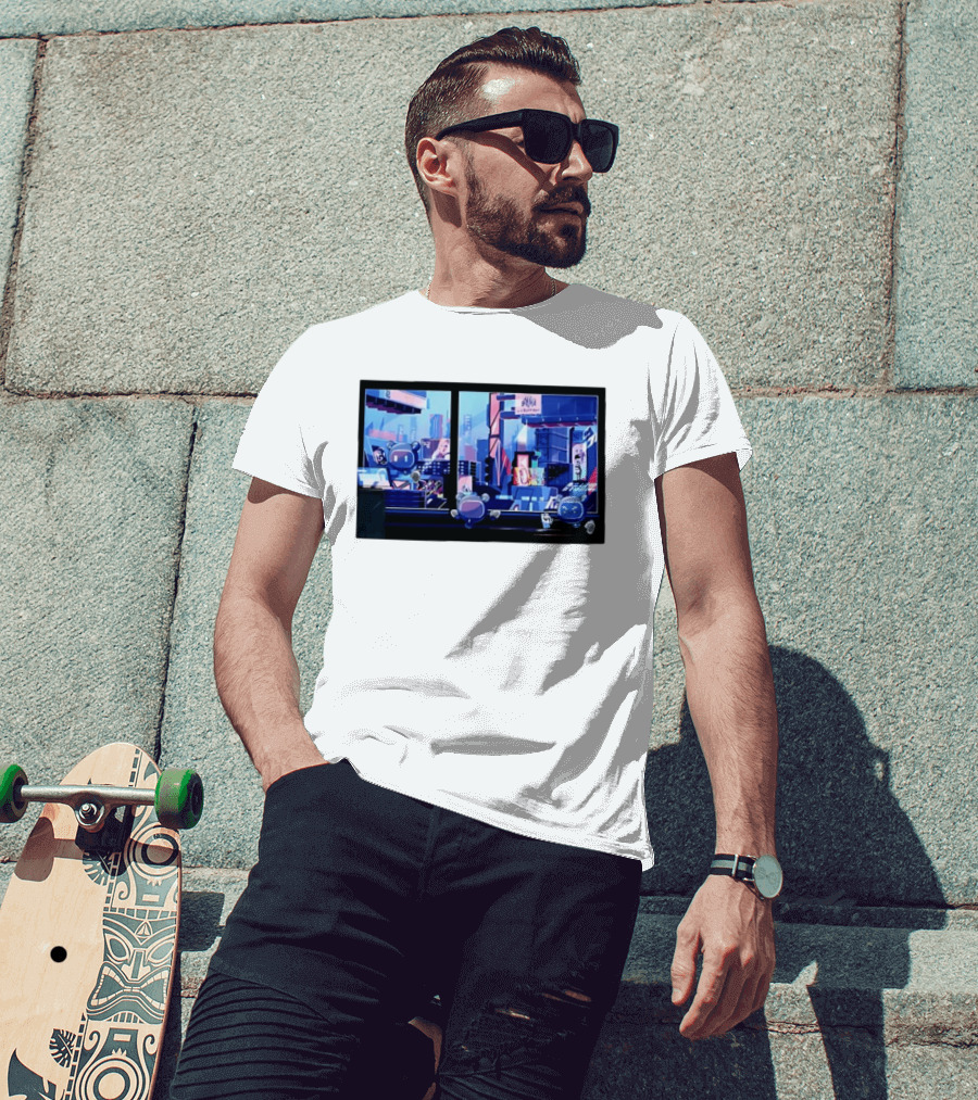 Lit Bot Apts Robots Futuristic City Skyline Pixel T-Shirt