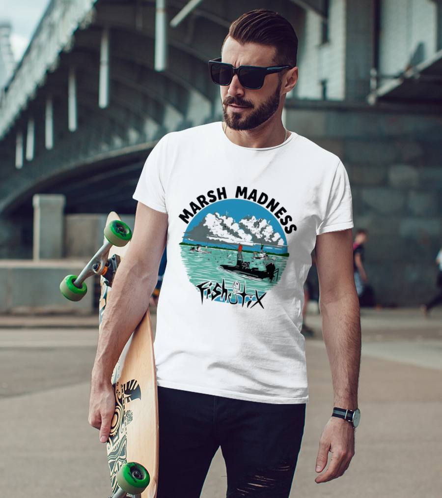 Marsh Madness Fishstix Boat Fishing Scene T-Shirt