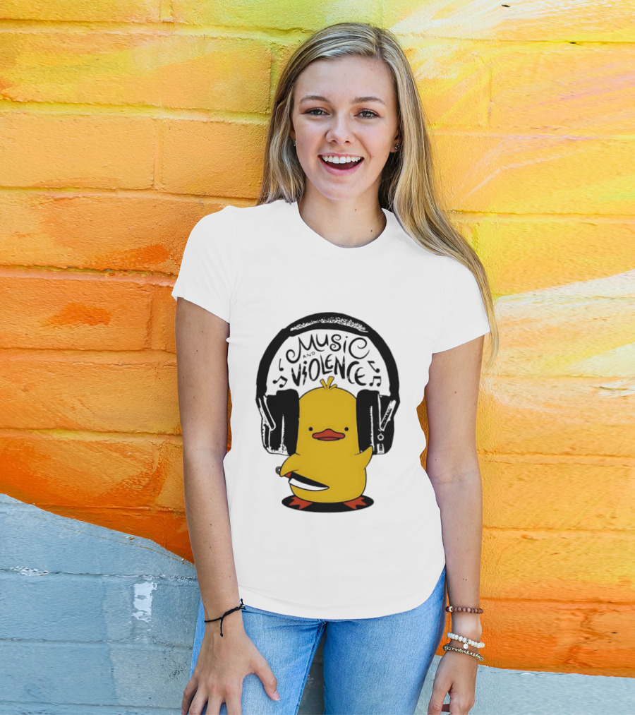 Murder Duck Music And Violence Headphones Knife Animal Bird T-Shirt