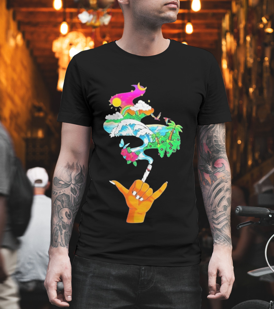 Shaka Hand Gesture With Tropical Island Wave And Colorful Clouds T-Shirt