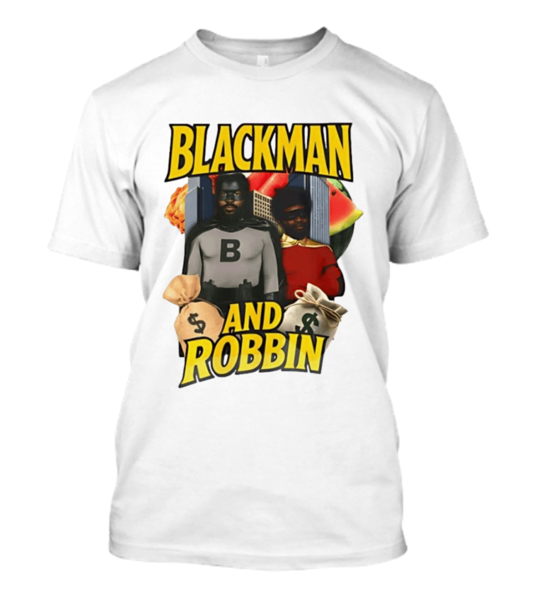 Blackman And Robbin Superhero Satire Comedy Money Bags Cityscape T-Shirt
