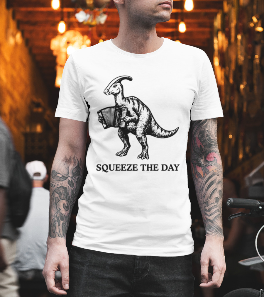 Parasaurolophus Squeeze The Day Playing Accordion T-Shirt