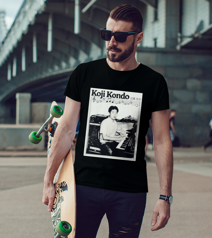 Koji Kondo Iconic Music Composer With Musical Notes And Piano Mastery T-Shirt
