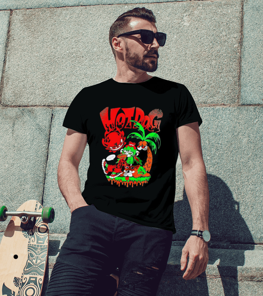 Hotdog Atsusugi Girl With Bear Hat And Dog Under Palm Tree T-Shirt