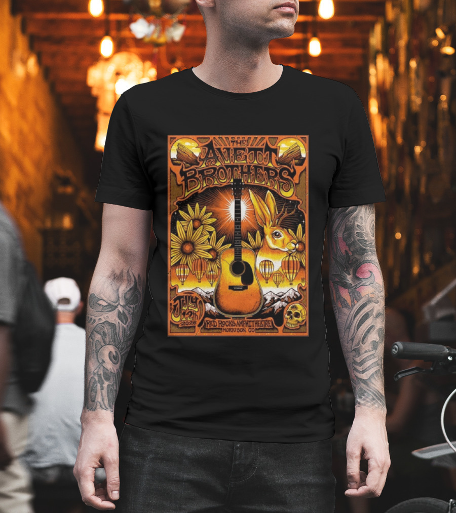 The Avett Brothers Red Rocks Amphitheatre July 12 2026 Morrison CO Guitar Sunflowers Rabbit T-Shirt