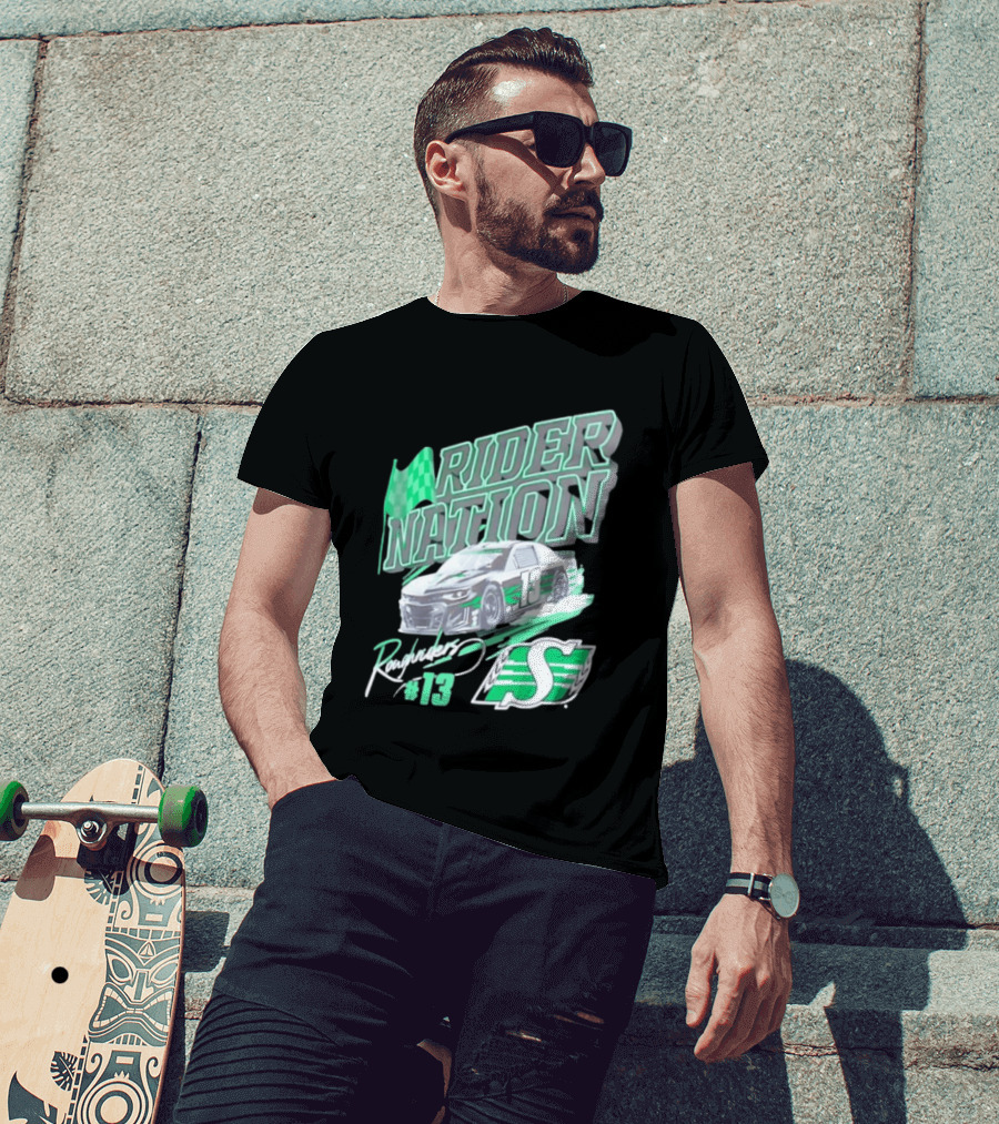 Saskatchewan Roughriders Rider Nation Race Car Number 13 With Team Logo And Flag T-Shirt