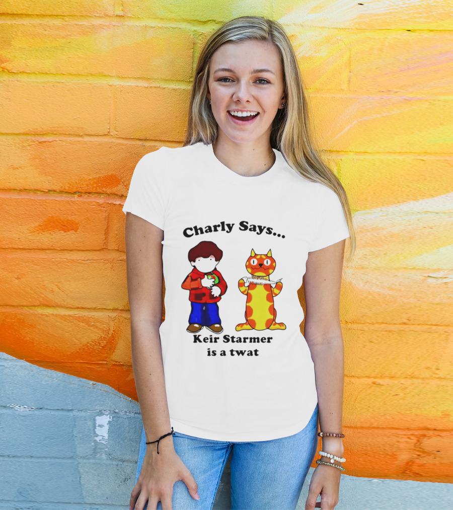 Charly Says Keir Starmer Is A Twat Comic Retro Style Cat And Kid T-Shirt