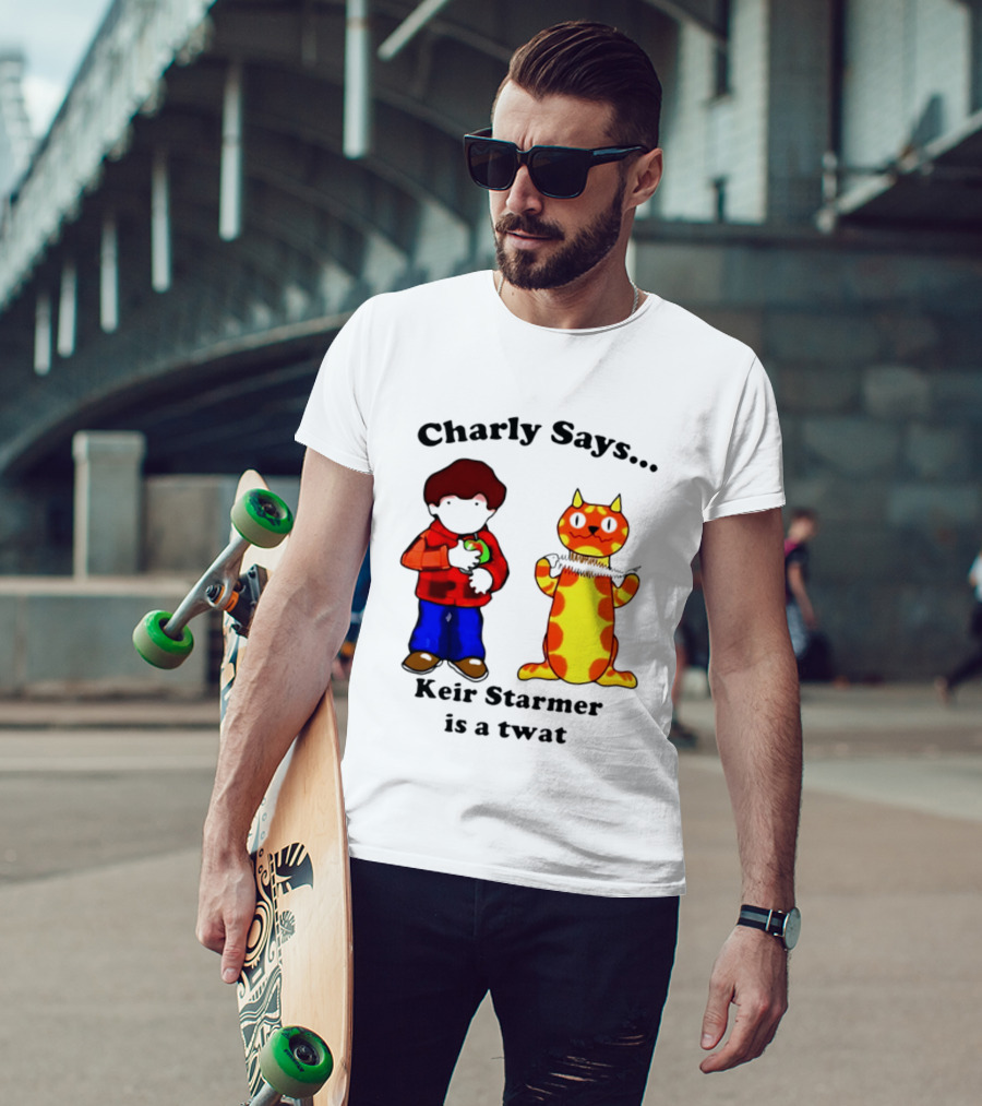 Charly Says Keir Starmer Is A Twat Comic Retro Style Cat And Kid T-Shirt