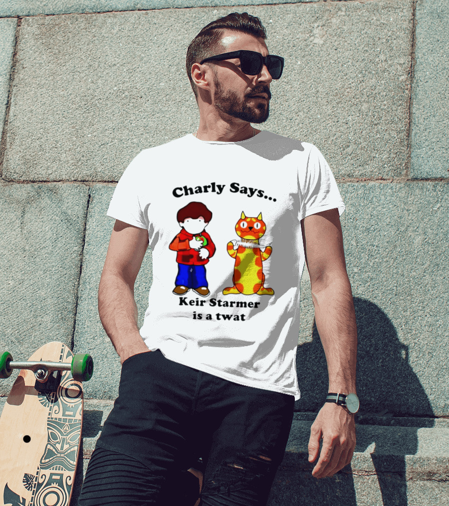 Charly Says Keir Starmer Is A Twat Comic Retro Style Cat And Kid T-Shirt