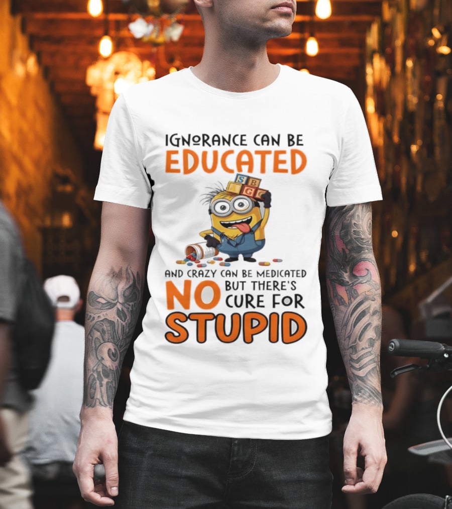 Minion Despicable Me Ignorance Can Be Educated Crazy Medicated No Cure Stupid T-Shirt