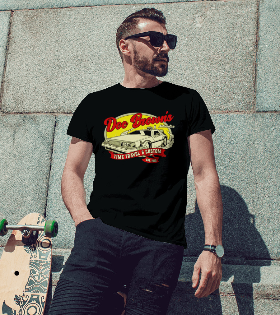 Doc Brown's Automotive Time Travel & Custom Est 1955 Classic DeLorean T-Shirt