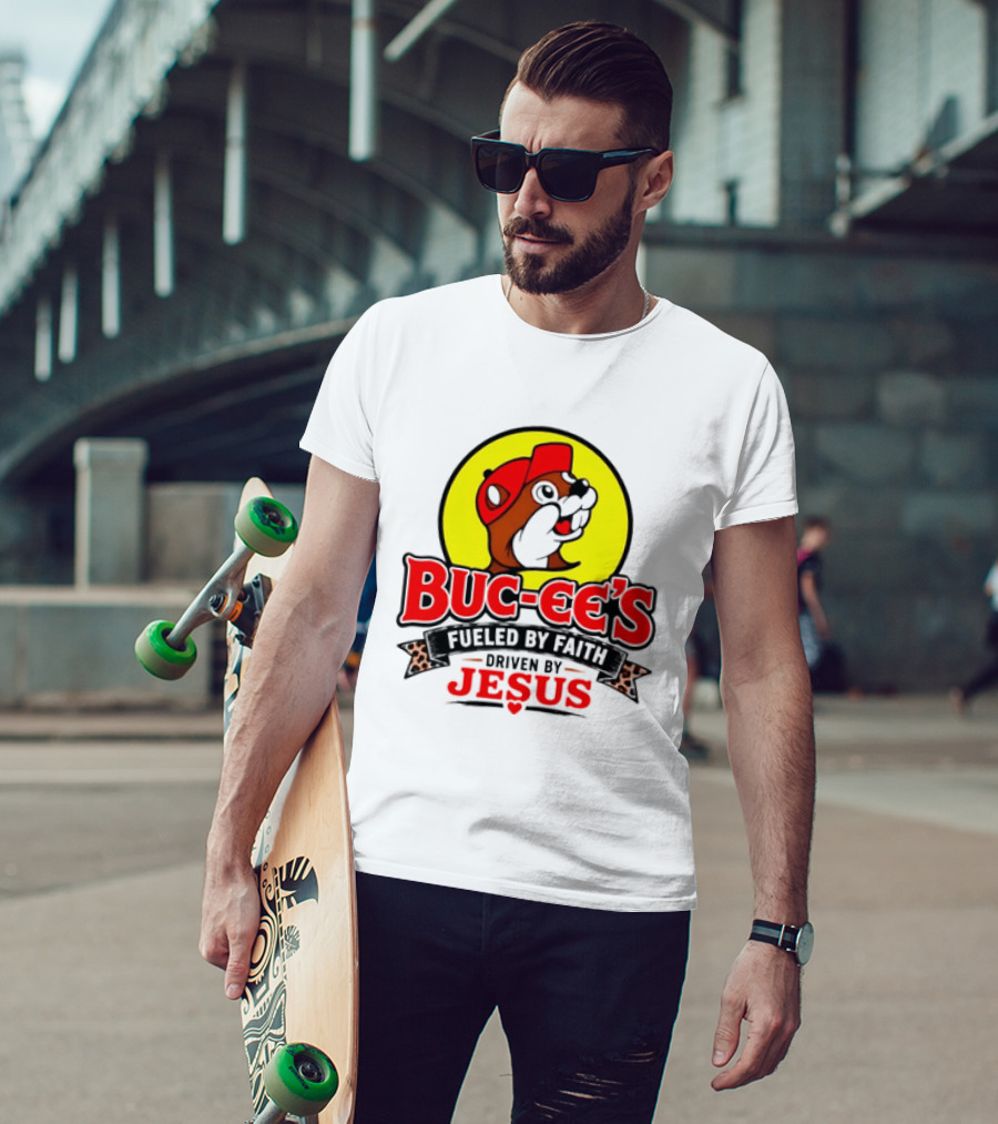 Buc Ee's Fueled By Faith Driven By Jesus Yellow Circle Red Cap T-Shirt