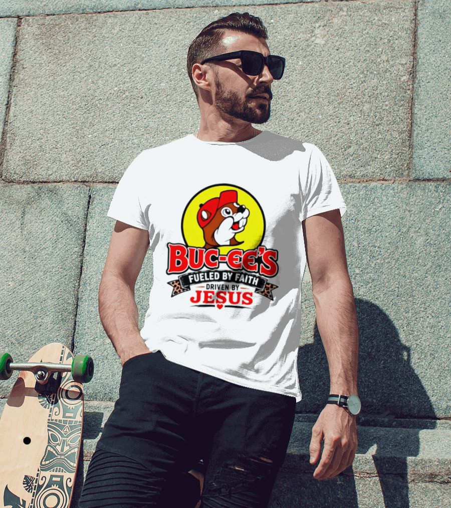 Buc Ee's Fueled By Faith Driven By Jesus Yellow Circle Red Cap T-Shirt