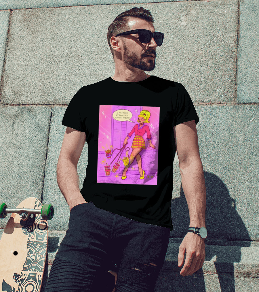 I Just Need My Emotional Support Treats Comic Style Girl With Drinks And Fries T-Shirt