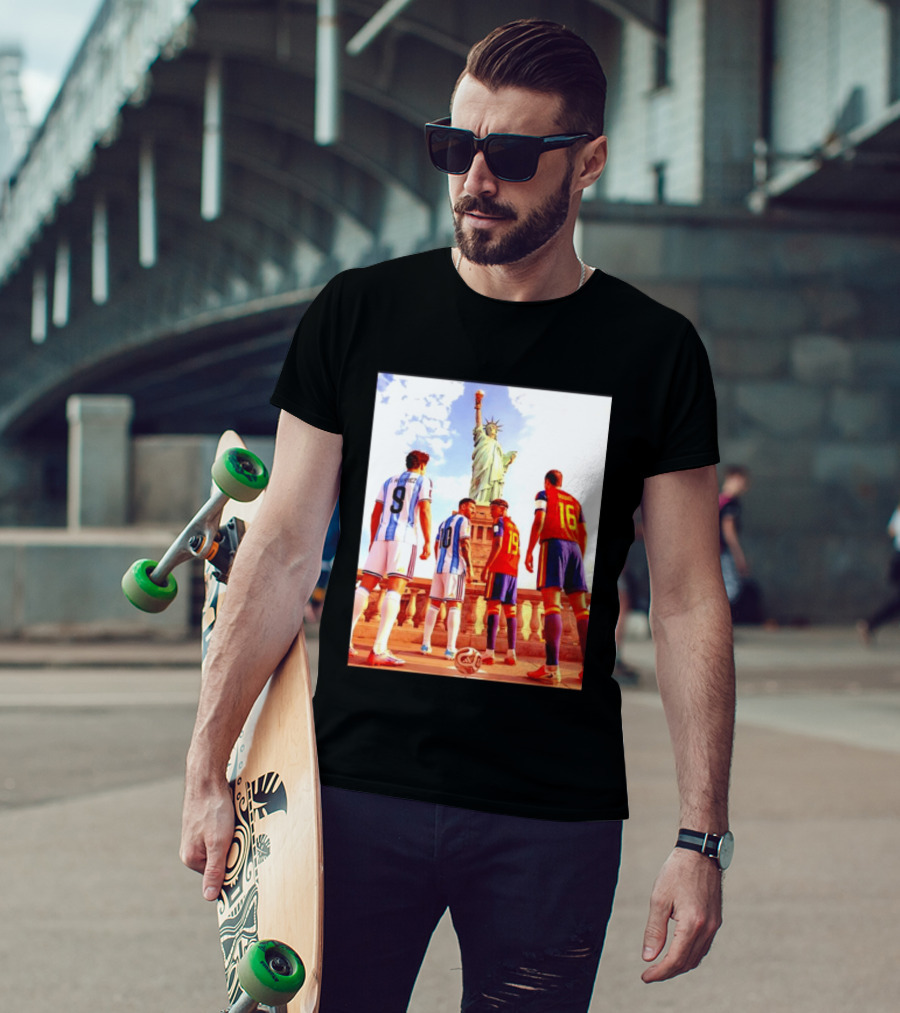 Lionel Messi J Alvarez Lamine Yamal Rodrigo Football Statue Of Liberty Argentina Spain Soccer T-Shirt