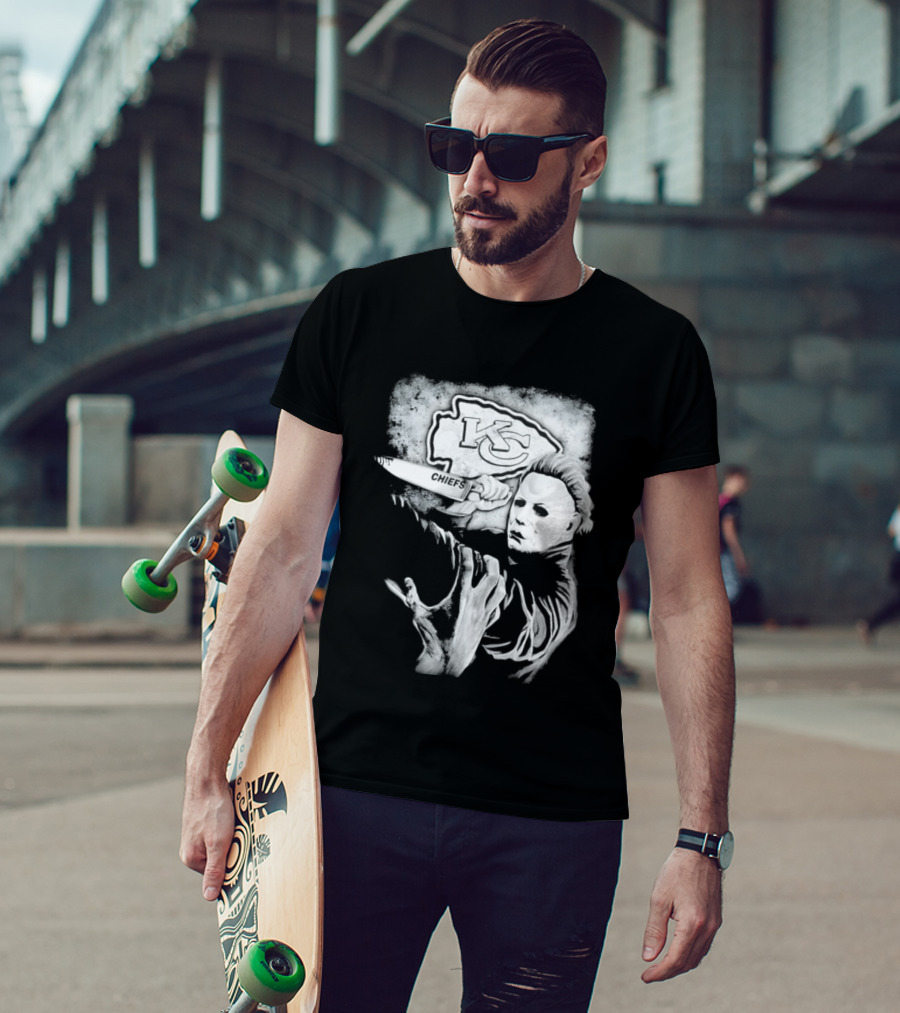 Michael Myers Holding Knife With KC Chiefs T-Shirt
