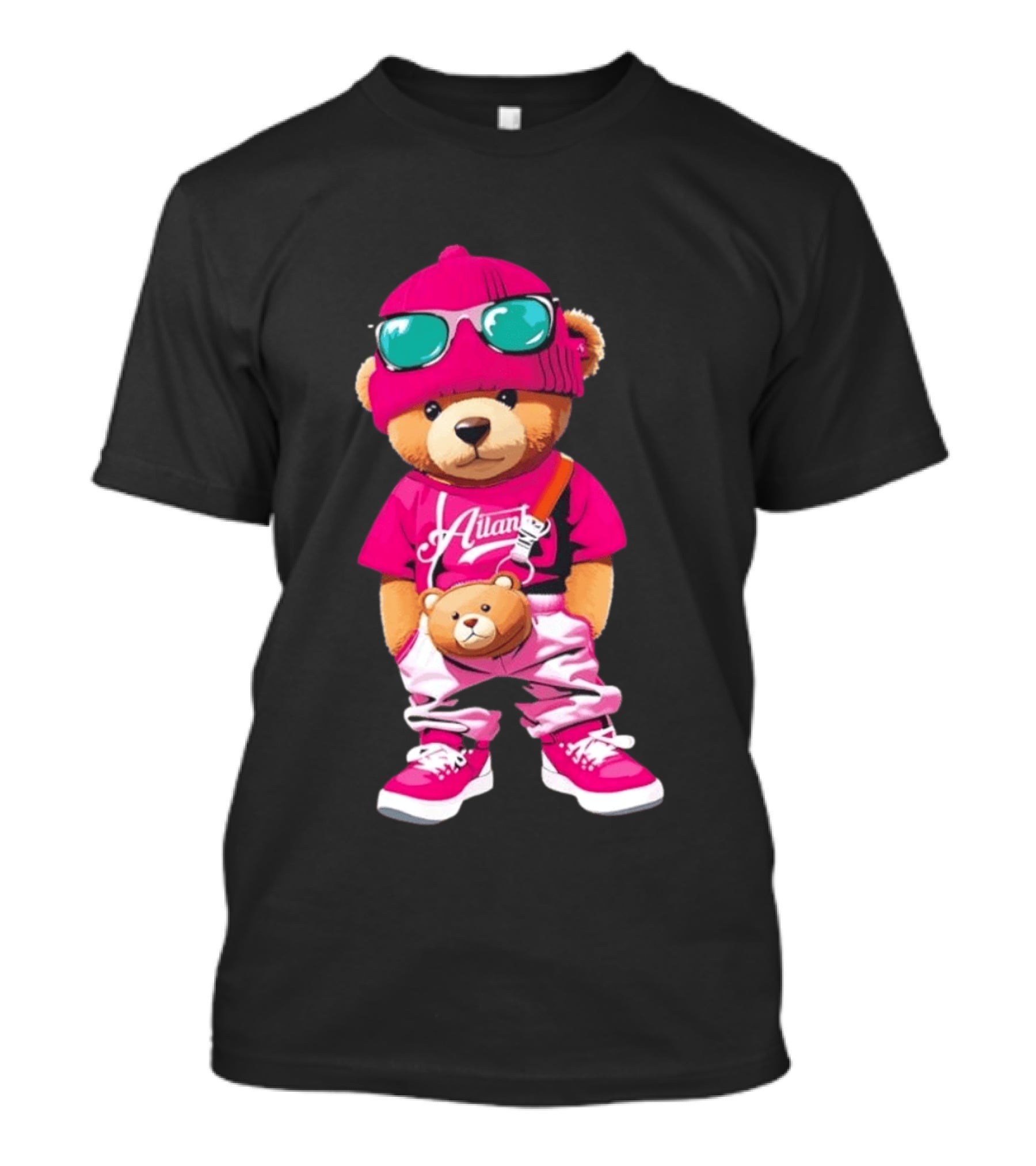 Ailan Teddy Bear Stylish Streetwear Outfit Pink Beanie Sunglasses And Bear Bag T-Shirt