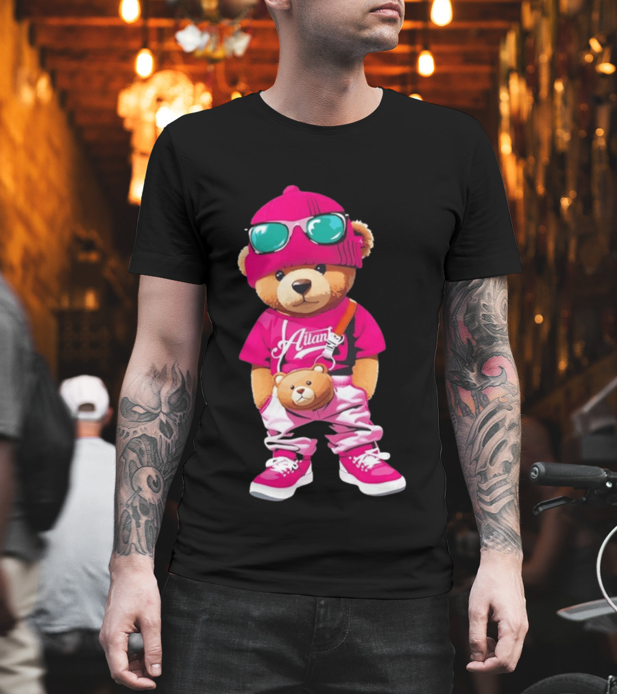 Ailan Teddy Bear Stylish Streetwear Outfit Pink Beanie Sunglasses And Bear Bag T-Shirt