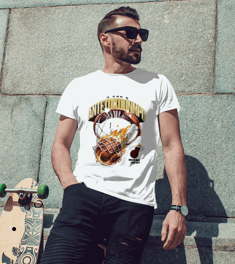 Giannis Antetokounmpo Miami Heat Basketball Hoop Fireball T-Shirt