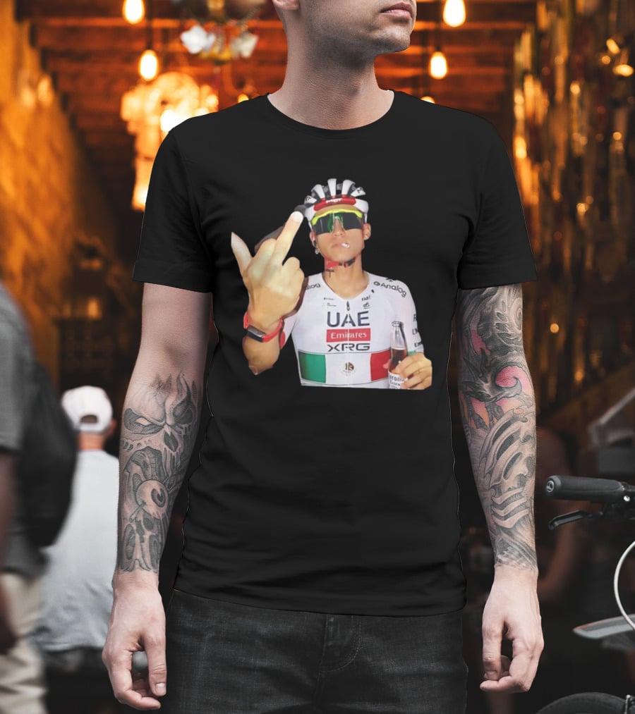 UAE Emirates Cyclist Isaac Del Toro Middle Finger Smoking With Beer T-Shirt