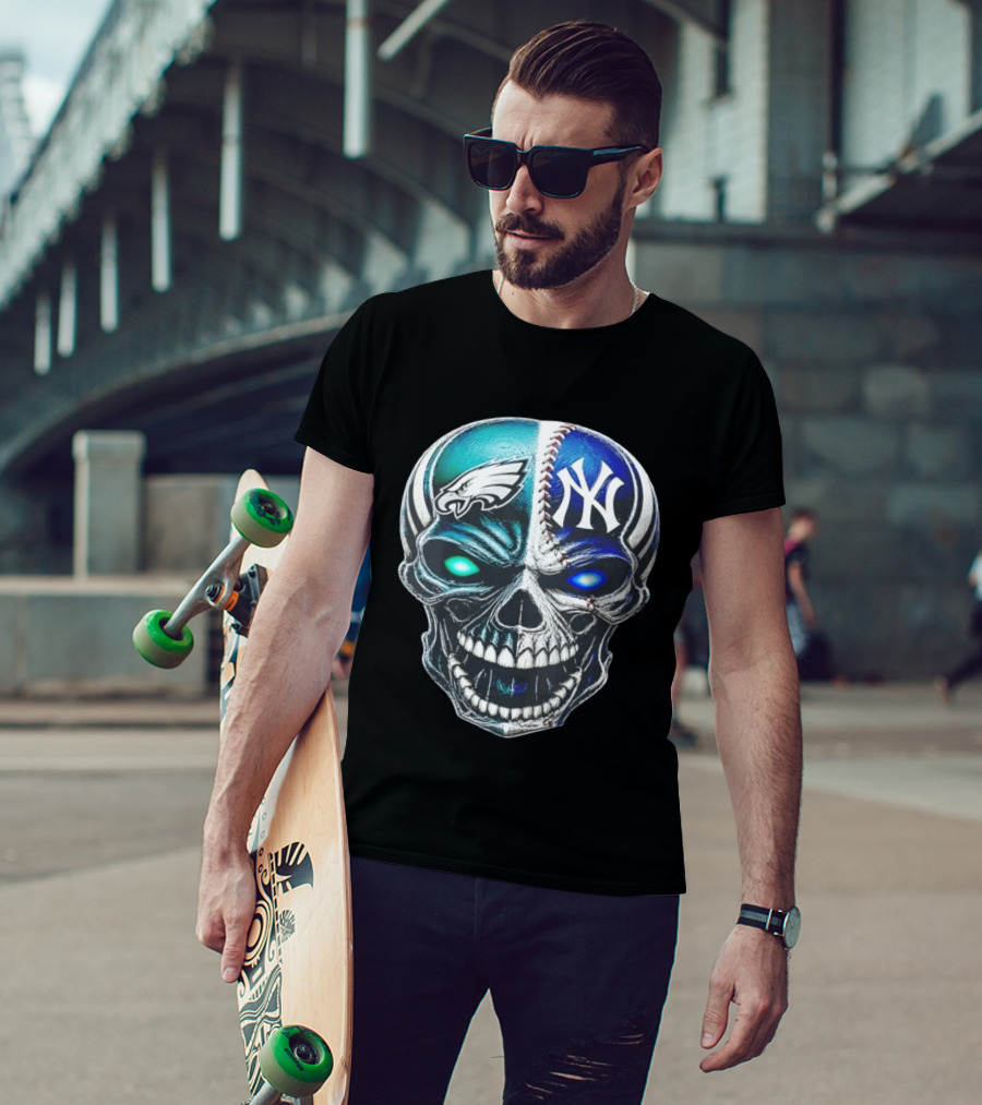 Philadelphia Eagles New York Yankees Skull Glow Eyes T-Shirt