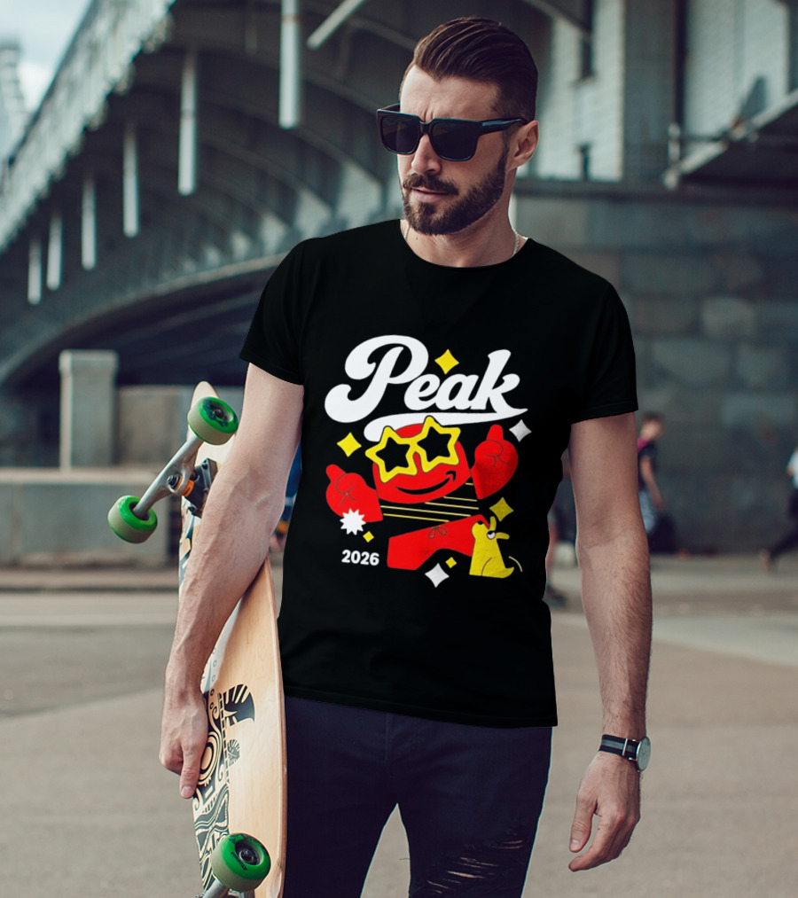 Peak 2026 Red Character With Star Glasses And Yellow Dog T-Shirt