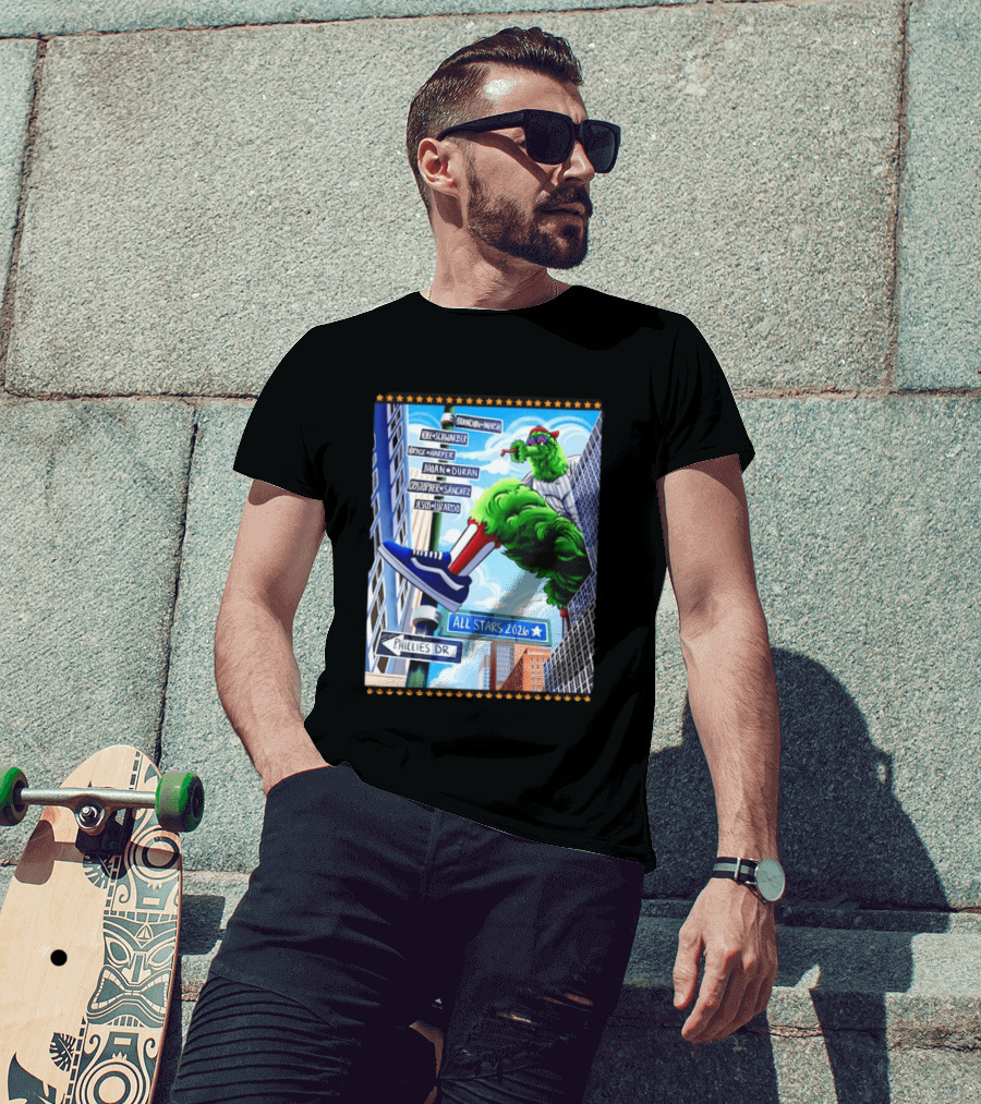 Phillies Dr Phillie Phanatic Brandon Marsh Kyle Schwarber Bryce Harper Johan Duran Christopher Sanchez Jesus Luzardo All Stars 2026 T-Shirt