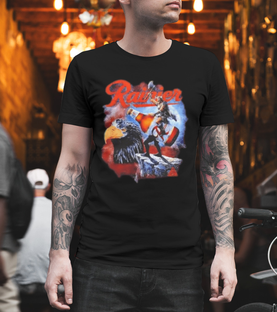 Rainier Beer Viking Holding Beer Riding Eagle On Rock T-Shirt