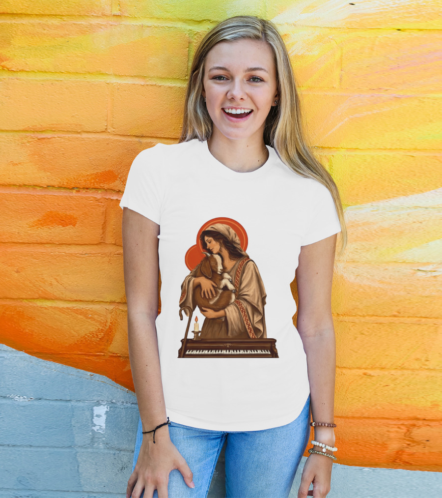 Woman Embracing Goat With Candle And Piano Halo T-Shirt