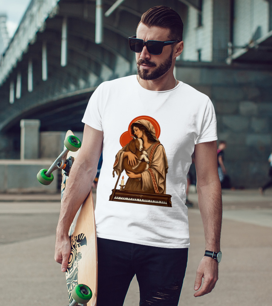 Woman Embracing Goat With Candle And Piano Halo T-Shirt