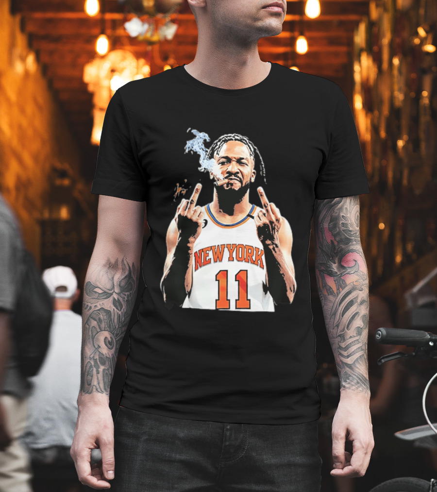 New York Knicks Jalen Brunson 11 Smoking Cigar Middle Finger Pose T-Shirt