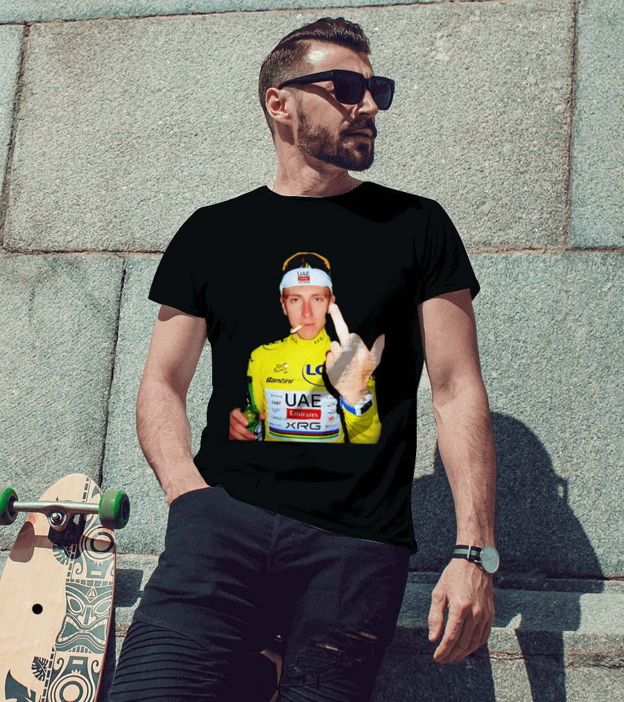 Tadej Pogačar Yellow Jersey Middle Finger Tour De France UAE Emirates LCL Santini T-Shirt