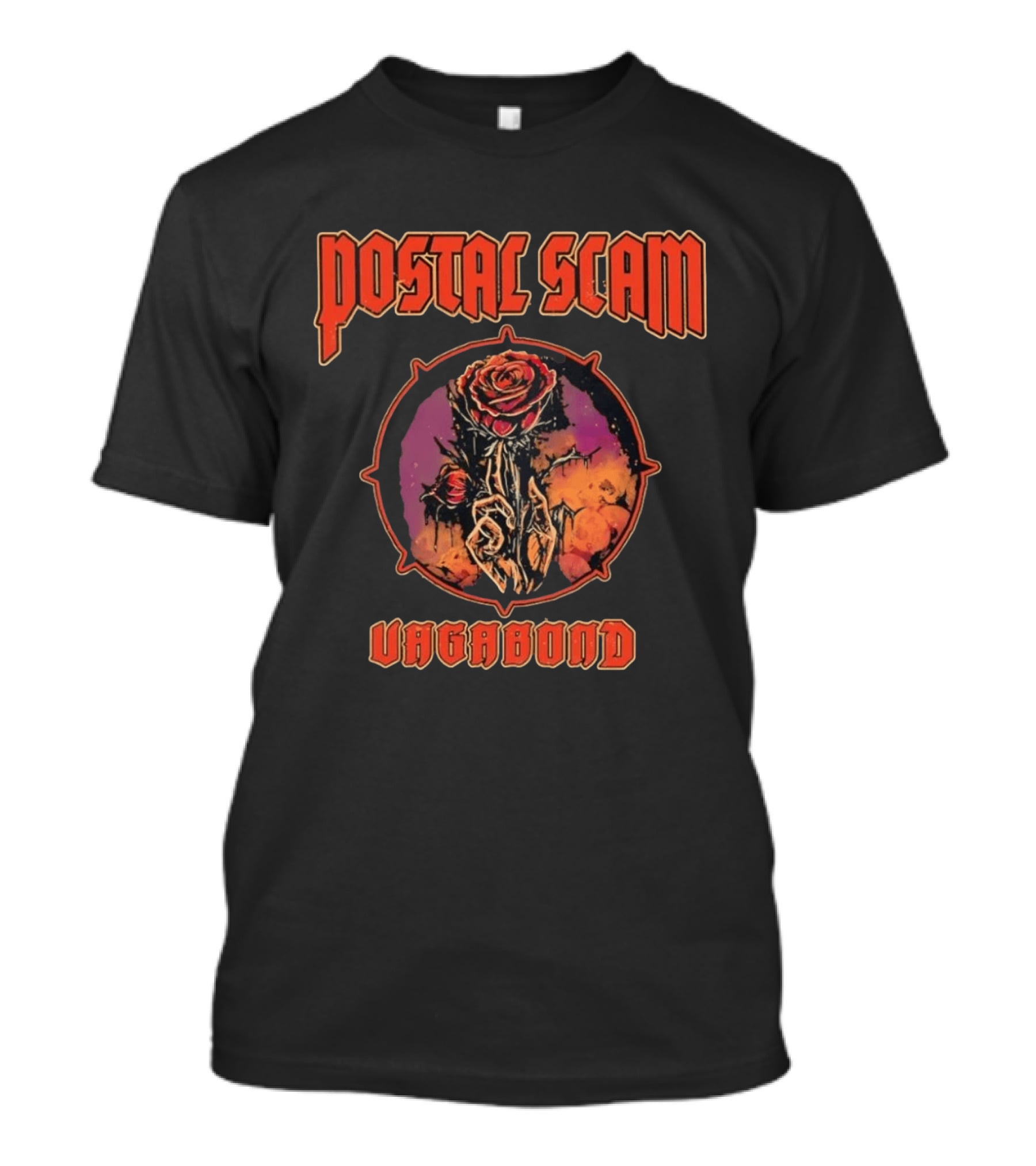 Postal Scam Vagabond Rose Skull Skeleton Hand Heavy Metal T-Shirt