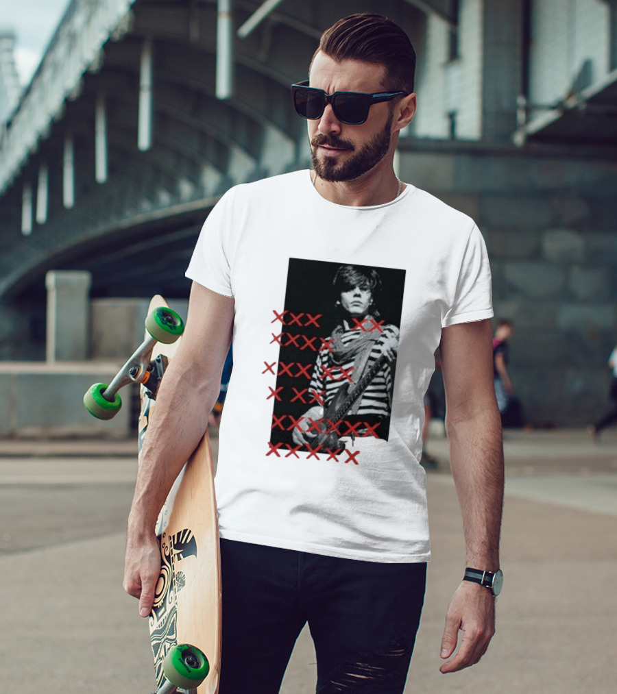 John Taylor X Punk Masters Striped Bass Guitar Image Red XXX Marks T-Shirt