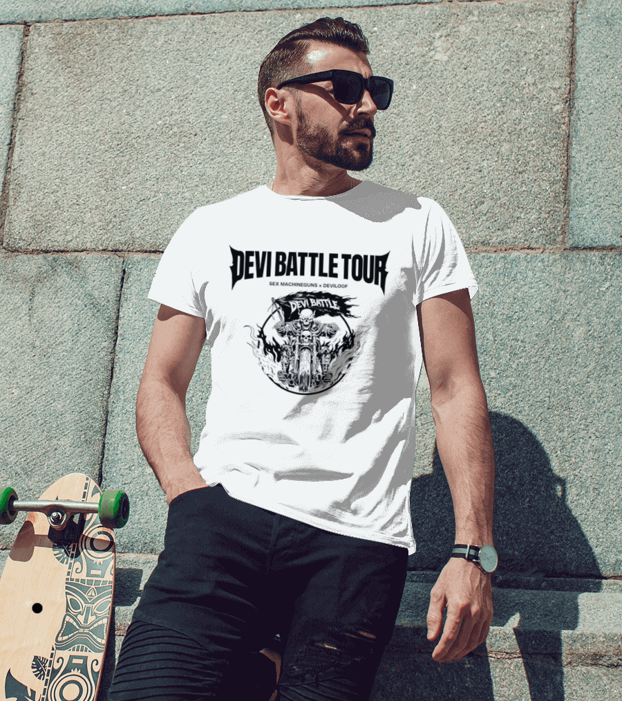 Devi Battle Tour Sex Machineguns X Deviloof Skull Motorcycle T-Shirt