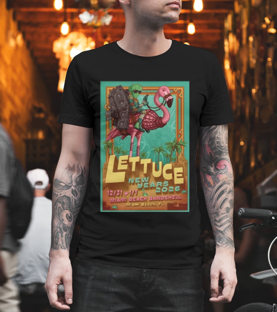 Lettuce New Years 2026 Miami Beach Bandshell Miami Beach FL With Sunglasses Flamingo And Speakers T-Shirt