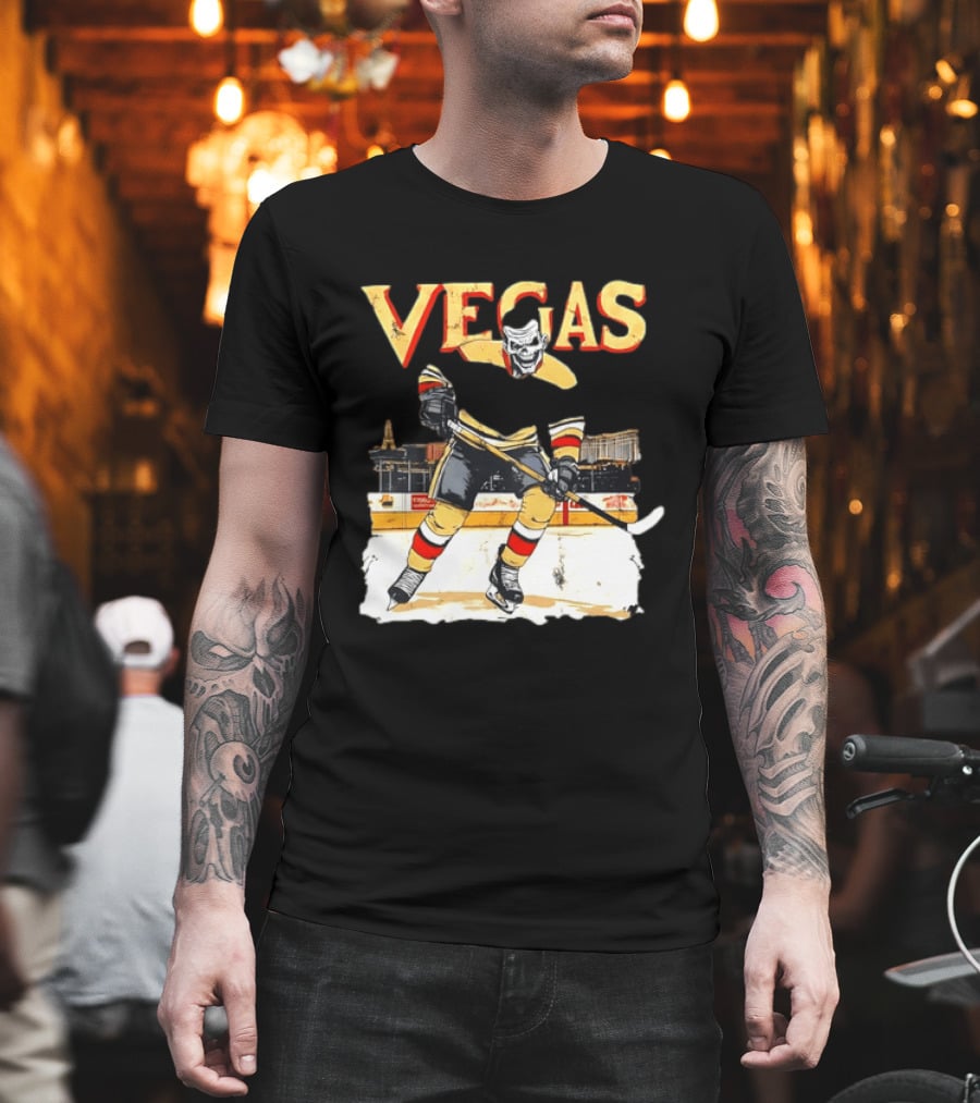 Vegas Hockey Skull Ice Arena Skyline Scene T-Shirt