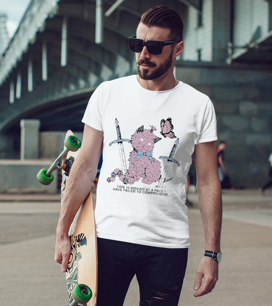 Pink Cat Butterfly Swords Time Is Moving At A Pace I Have Failed To Comprehend T-Shirt