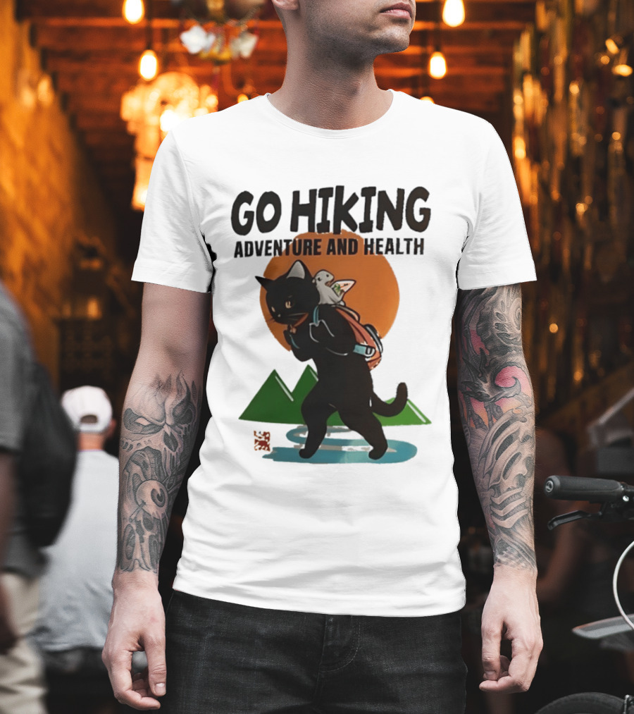 Go Hiking Adventure And Health Black Cat With Backpack And Bird T-Shirt