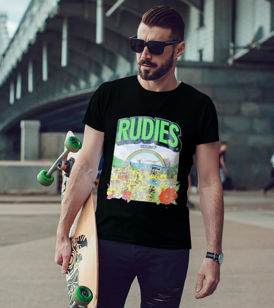 Rudie's 35th Anniversary Local Party Featuring 10 Feet G Freak Factory Dustboz Colorful Celebration With Rainbow And Flowers T-Shirt