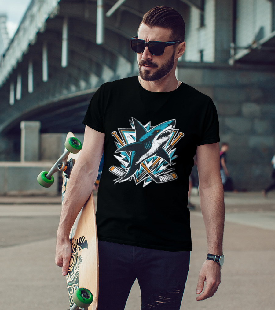 San Jose Sharks Hockey Attack Emblem With Shark And Crossed Hockey Sticks T-Shirt