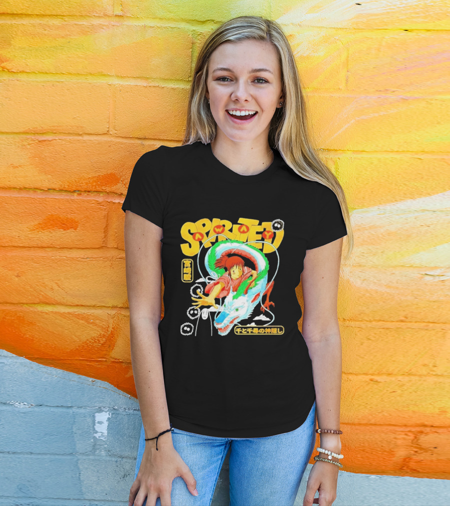 Spirited Away Chihiro Riding Haku Dragon Japanese Text No Face Soot Sprites T-Shirt