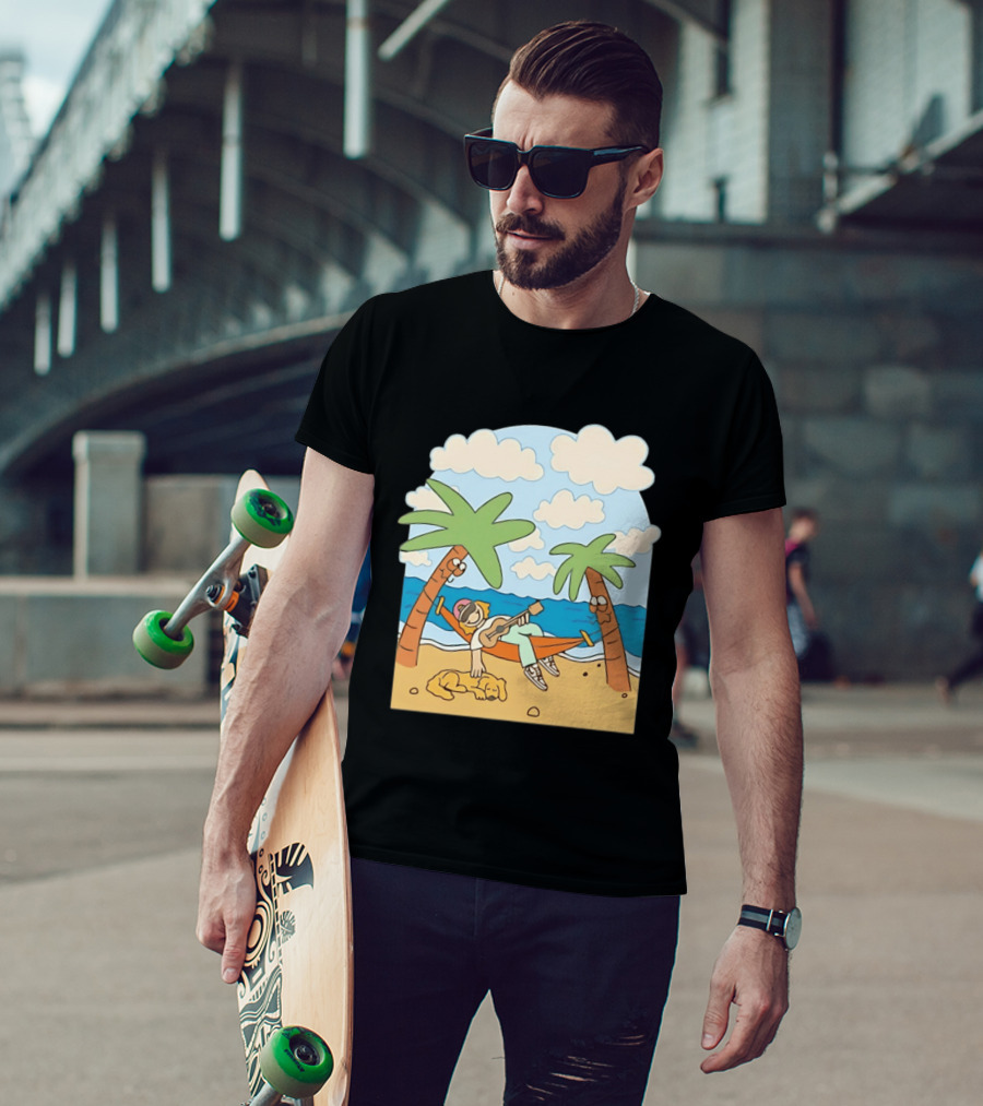Hammock Guitar Player With Sleeping Dog On Tropical Beach Scene T-Shirt