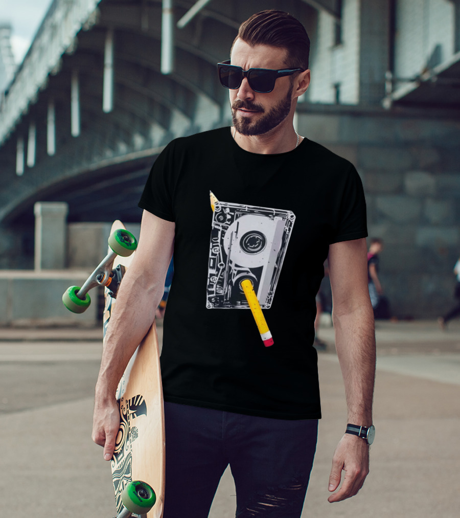 Rewind The Past Cassette Tape Pencil T-Shirt