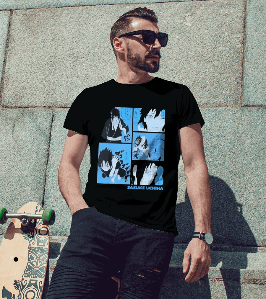 Sasuke Uchiha Cursed Seal Battle Manga Panels Blue Version T-Shirt