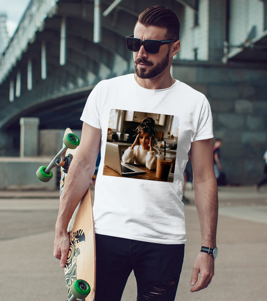 Crashing Out Barbie Girl With Coffee And Laptop Vibes T-Shirt