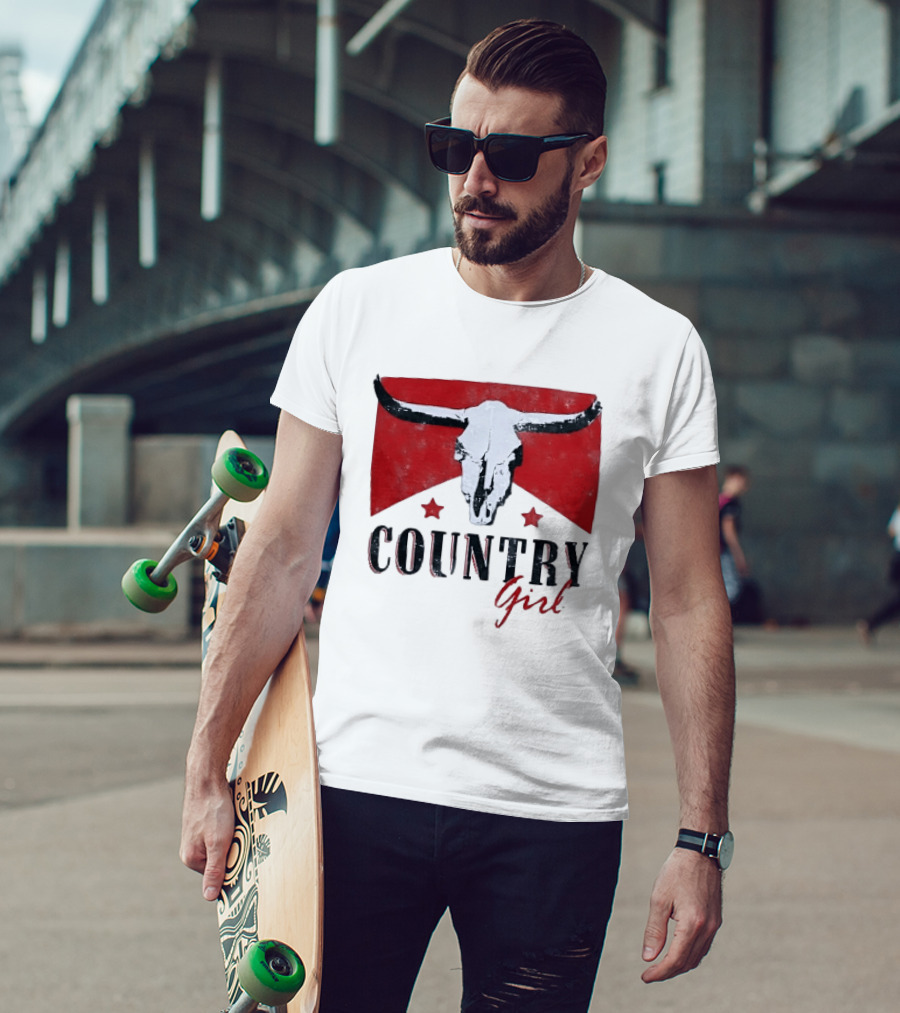 Country Girl Western Bull Skull Red Star Banner T-Shirt
