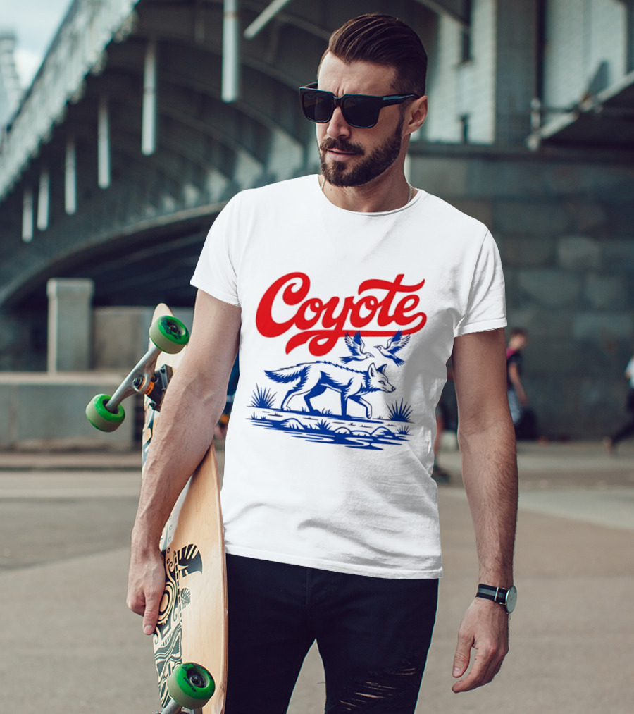 Coyote With Birds In Desert Scene Wild Western Desert T-Shirt